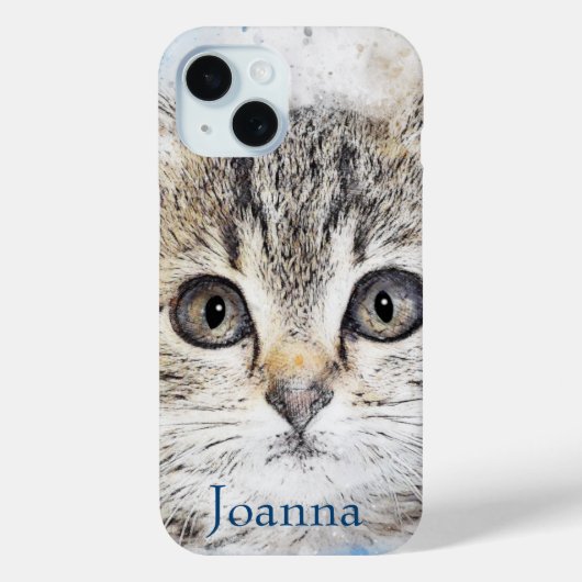 Waterverf Grey Kitten op blauw Case-Mate iPhone Case (Achterkant)