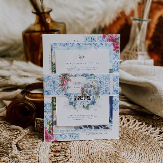 Waterverf Griekenland | Bruiloft Monogram Uitnodigingen Wikkel