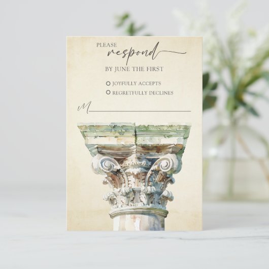 Waterverf Grieks Column Trouwen RSVP Response Kaar (Staand voorkant)