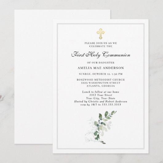 Waterverf Grieks kruis Eerste Heilige Communie Kaart (Voorkant / Achterkant)
