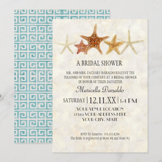 Waterverf Grieks SleutelpatroonStarfish Beach Wedd Kaart (Voorkant / Achterkant)