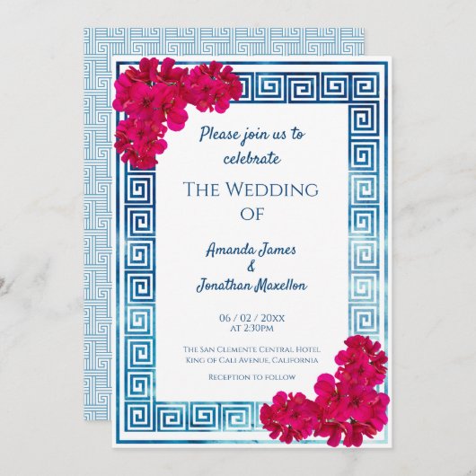 Waterverf griekse elegantie + roze bloemenbruiloft kaart (Voorkant / Achterkant)