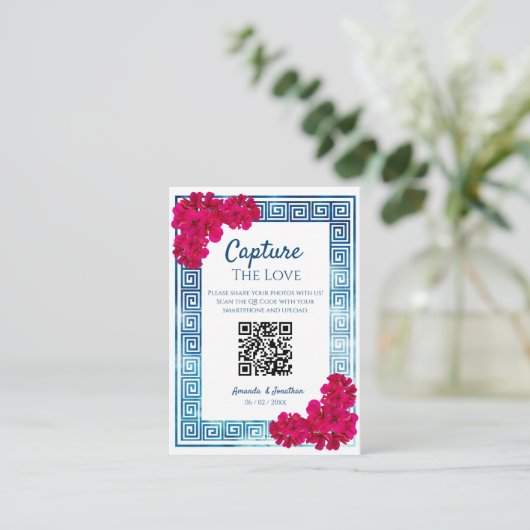 Waterverf griekse elegantie + roze foto delen informatiekaartje (Staand voorkant)
