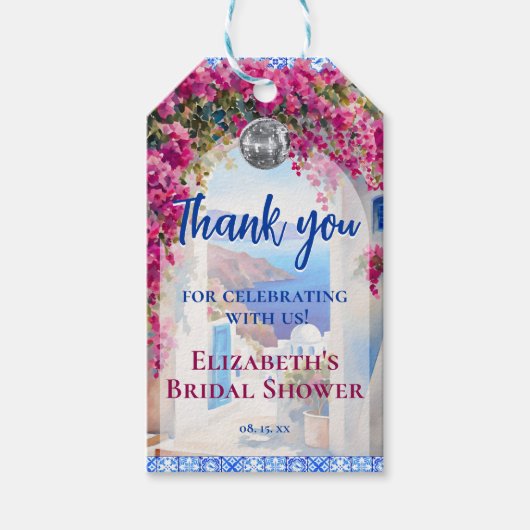 Waterverf Griekse Italiaanse Roze Bloemen Blauwe T Cadeaulabel (Voorkant)