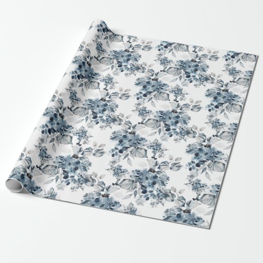 Waterverf Grijs en Blauw Bloemen Patroon Vakantie Cadeaupapier (Uitgerold)