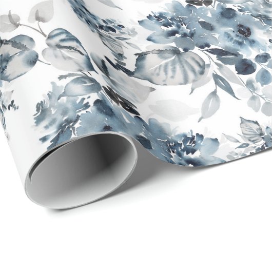 Waterverf Grijs en Blauw Bloemen Patroon Vakantie Cadeaupapier (Rol Hoek)