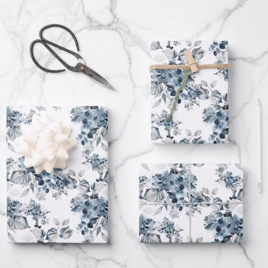 Waterverf Grijs en Blauw Bloemen Patroon Vakantie Inpakpapier Vel (Voorkant)