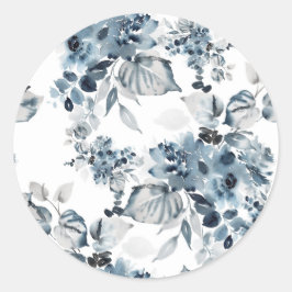 Waterverf Grijs en Blauw Bloemenpatroon Ronde Sticker