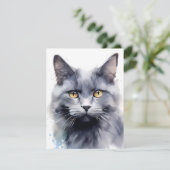 Waterverf grijs kattenportret feestdagenkaart (Staand voorkant)