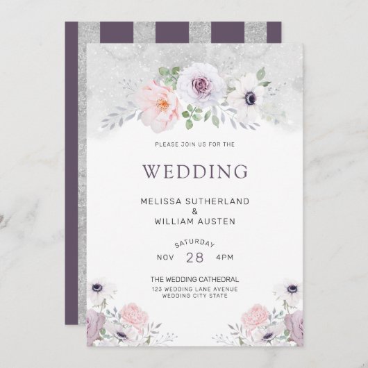 Waterverf Grijs Lila Blush Bloemen Bruiloft Kaart (Voorkant / Achterkant)