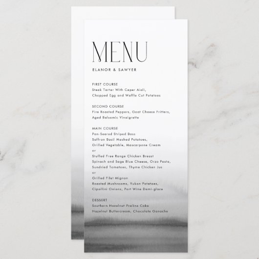 Waterverf grijs ombre moderne bruiloft menu (Voorkant / Achterkant)