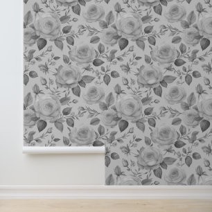 Waterverf Grijs Victoriaans Bloemen Rozen Behang