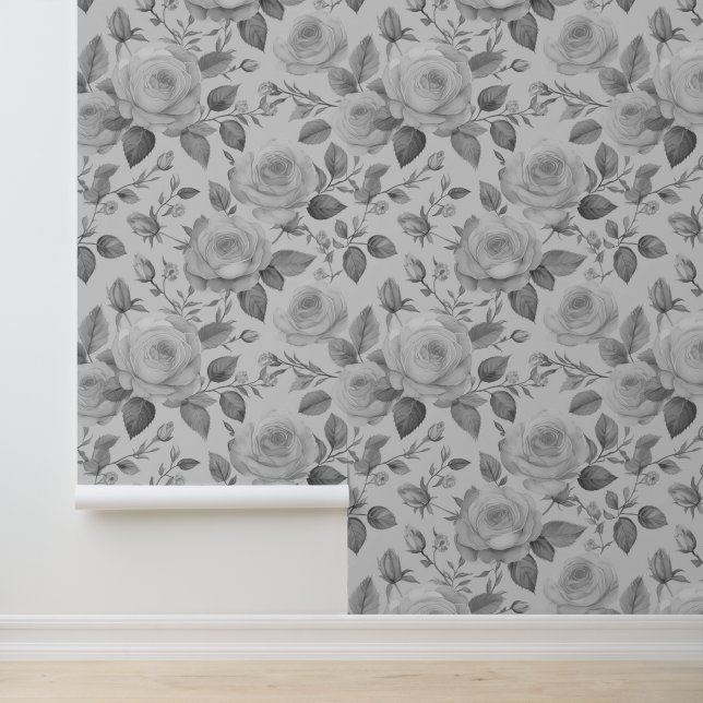 Waterverf Grijs Victoriaans Bloemen Rozen Behang (Applicatie)