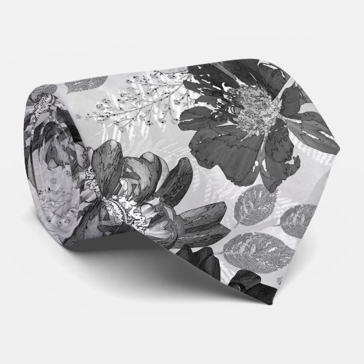 Waterverf grijs, zwart bloempatroon, stropdas (Opgerold)