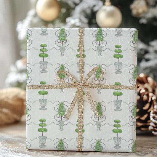 Waterverf Grijze Bogen en Groene Topiary Cadeaupapier