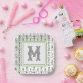 Waterverf Grijze Bogen en Groene Topiary Monogram Papieren Bordje (Feest)