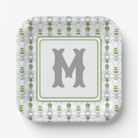 Waterverf Grijze Bogen en Groene Topiary Monogram Papieren Bordje (Voorkant)