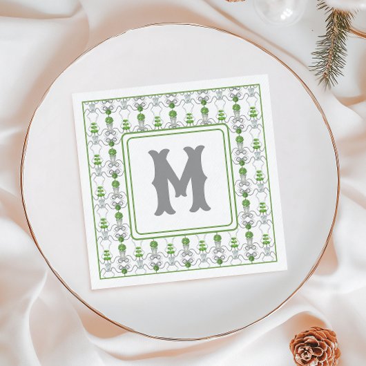 Waterverf Grijze Bogen en Groene Topiary Monogram Servet