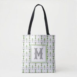 Waterverf Grijze Bogen en Groene Topiary Monogram Tote Bag