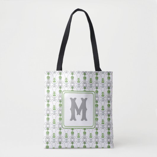 Waterverf Grijze Bogen en Groene Topiary Monogram Tote Bag (Voorkant)