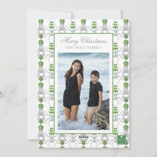 Waterverf Grijze Bogen & Groene Garland Topiary Fo Feestdagenkaart (Achterkant)