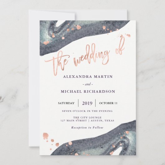 Waterverf Grijze Geode en Faux Roos Gold | Weddens Kaart (Voorkant)