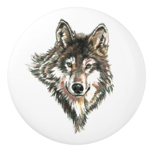 Waterverf Grijze Natuur Wolf Keramische Knop (Voorkant)