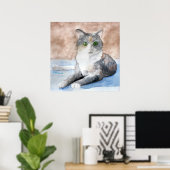 Waterverf grijze witte kat poster (Thuiskantoor)