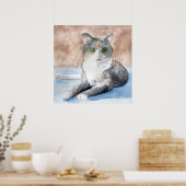 Waterverf grijze witte kat poster (Keuken)