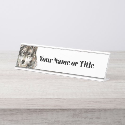 Waterverf Grijze Wolf Animal Love Wolves Art Bureau Naambordje (Voorkant)