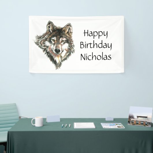 Waterverf Grijze Wolf Logo - Aangepaste naam wolve Spandoek (Beurs)