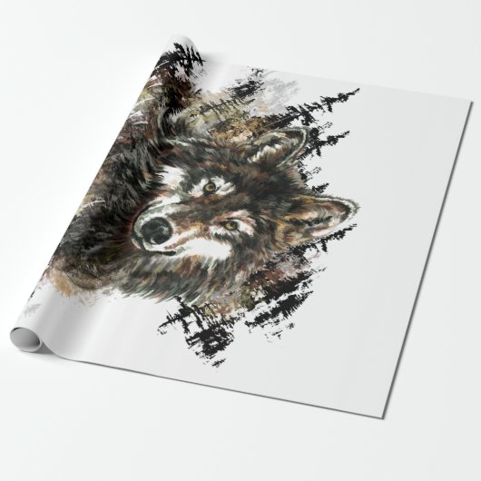 Waterverf Grijze Wolf Logo Dierlijke Natuur wolven Cadeaupapier (Uitgerold)