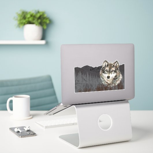Waterverf Grijze Wolf Mountain Animal Natuur Art Sticker (Laptop op bureau)