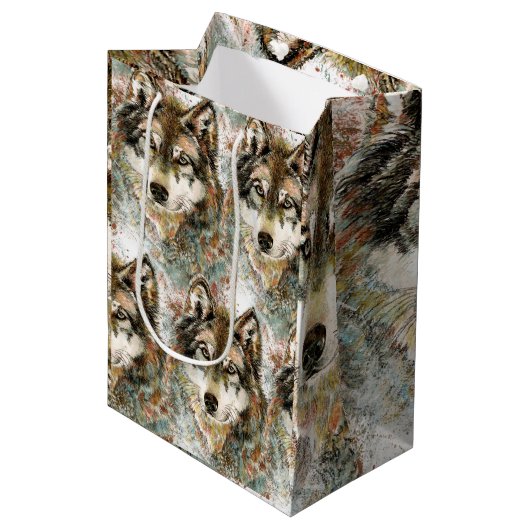 Waterverf Grijze Wolf Natuur in het wild Medium Cadeauzakje (Voorkant Gekanteld)