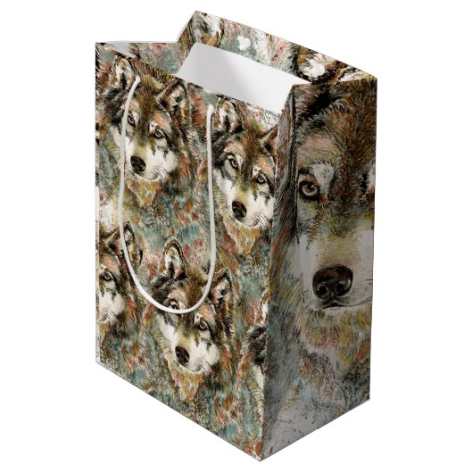 Waterverf Grijze Wolf Natuur in het wild Medium Cadeauzakje (Achterkant Gekanteld)