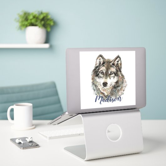 Waterverf Grijze Wolf Natuur in het wild Sticker (Laptop op bureau)
