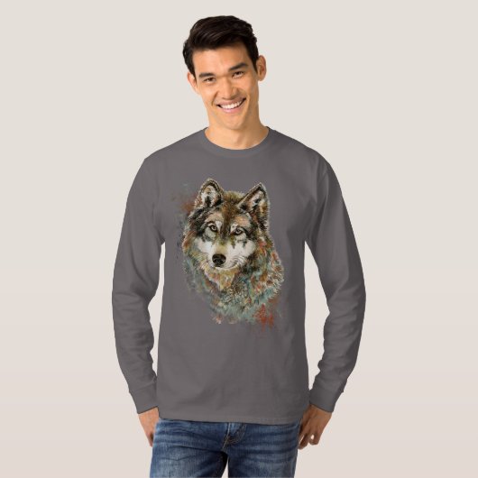 Waterverf Grijze Wolf Natuur in het wild T-shirt (Voorkant volledig)