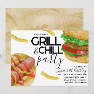 Waterverf Grillende Burger Frites Hotdog Feestje  Kaart
