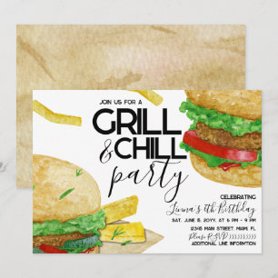 Waterverf Grillende Burger Frites Verjaardagsfeest Kaart