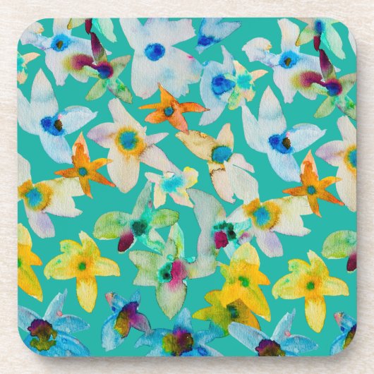 Waterverf grillige blauwe bloemen bier onderzetter (Voorkant)