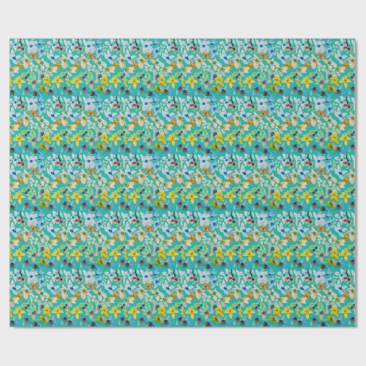 Waterverf grillige blauwe bloemen cadeaupapier (Vlak)