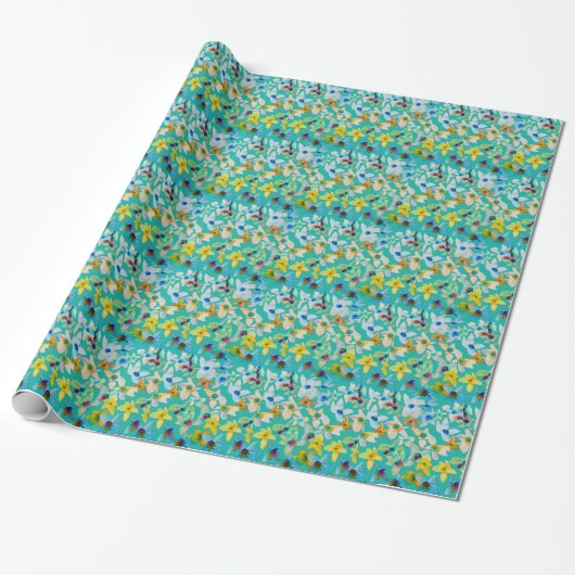 Waterverf grillige blauwe bloemen cadeaupapier (Uitgerold)