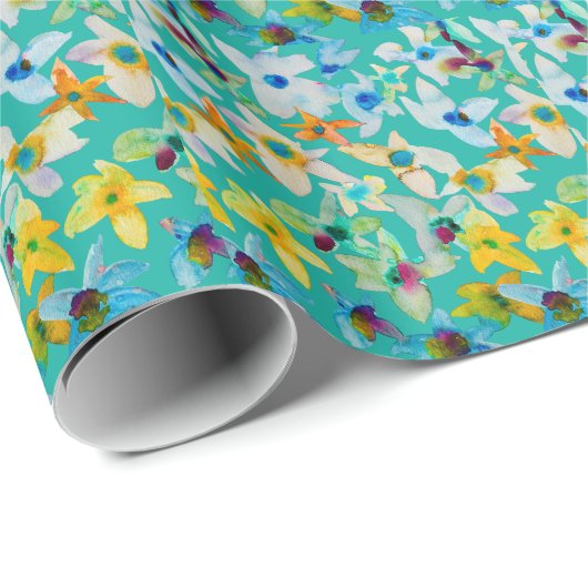 Waterverf grillige blauwe bloemen cadeaupapier (Rol Hoek)