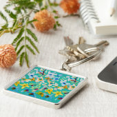 Waterverf grillige blauwe bloemen sleutelhanger (Zijkant)