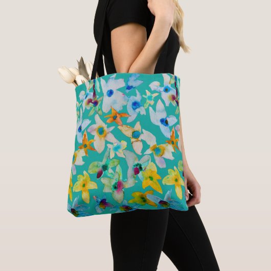 Waterverf grillige blauwe bloemen tote bag (Dichtbij)