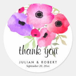 Waterverf grillige bloemen bruiloft dank u ronde sticker