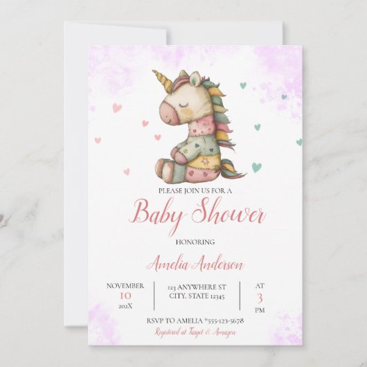 Waterverf grillige eenhoorn pluche Baby shower Kaart (Voorkant)