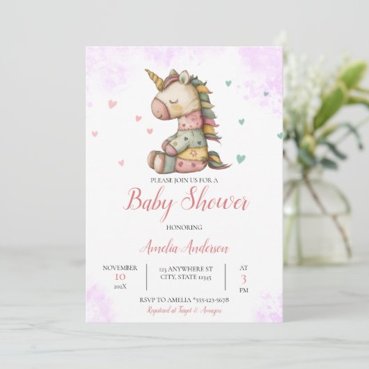 Waterverf grillige eenhoorn pluche Baby shower Kaart (Staand voorkant)