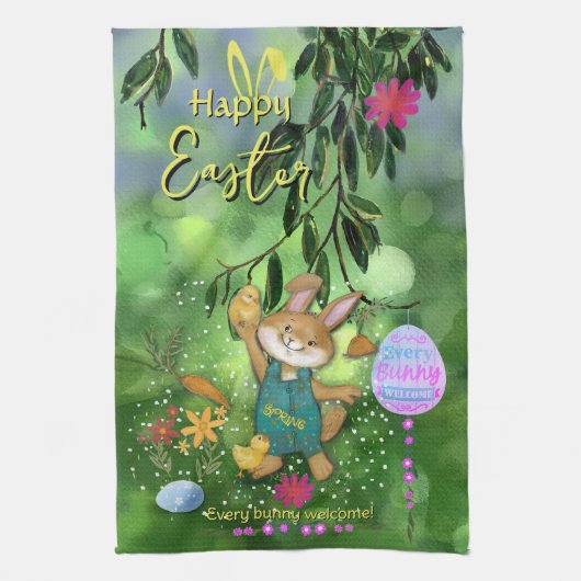 Waterverf grillige paashaas theedoek (Verticaal)