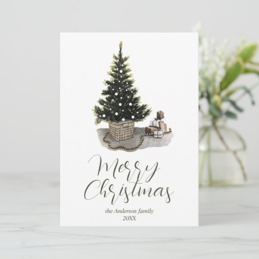 Waterverf grillige pijnboom vrolijk kerstfeest feestdagenkaart (Staand voorkant)